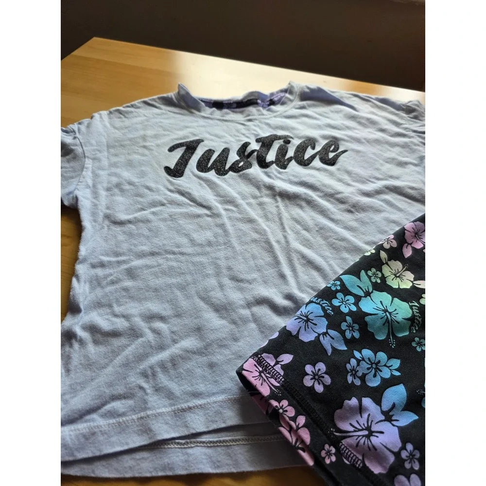 Justice Girls 2 Piece Set Purple Glitter Logo T-Shirt Rainbow Floral Bike Shorts